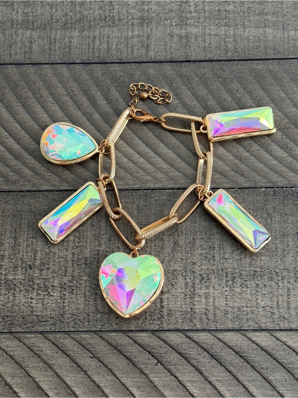 Gold-Tone Iridescent Charm Bracelet - Heart & Geometric Pendants